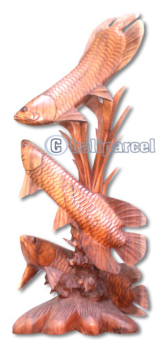 Wooden Arowana Hand Carved From Suar Wood, Brown Wood