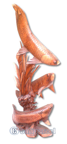 Wooden Arowana Hand Carved From Suar Wood, Brown Wood