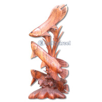 Wooden Arowana Hand Carved From Suar Wood, Brown Wood