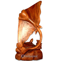 Wooden Manta Ray With Turtle, Handcarved From Suar Wood