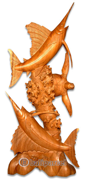 Wooden Marlen With Turtle, Handcarved From Suar Wood
