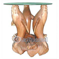 Wooden Whales Coffee Table, Handcarved From Suar Wood, Included Glass 8mm