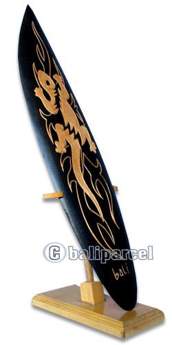 Wooden Surfboard, Handcarved From Pinus Wood / Included Stand