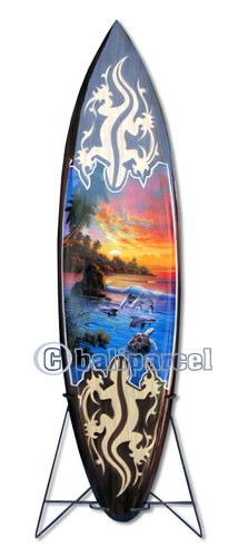 Wooden Surfboard Airbrused, Handcarved From Pinus Wood (included Iron Stand)