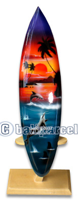 Wooden Surfboard Airbrused, Handcarved From Pinus Wood (included Wooden Stand)