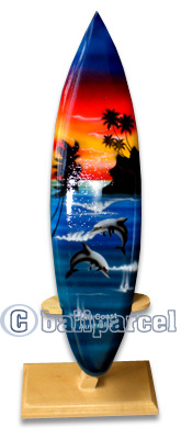 Wooden Surfboard Airbrused, Handcarved From Pinus Wood (included Wooden Stand)