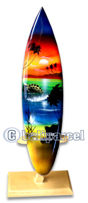 Wooden Surfboard Airbrused, Handcarved From Pinus Wood (included Wooden Stand)