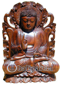 Wooden Buddha Meditating On Lotus, Hand Carved From Suar Wood