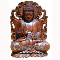 Wooden Buddha Meditating On Lotus, Hand Carved From Suar Wood