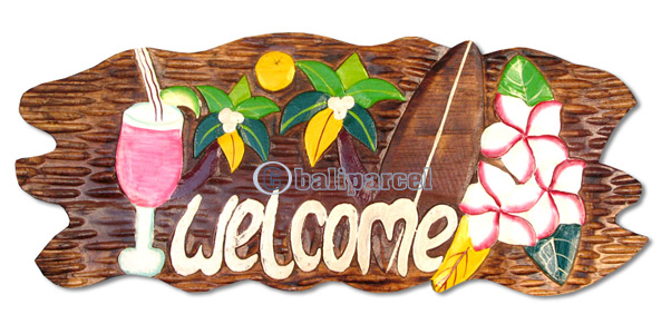 Wooden Welcome Sign, Hand Carved From Albesia Wood