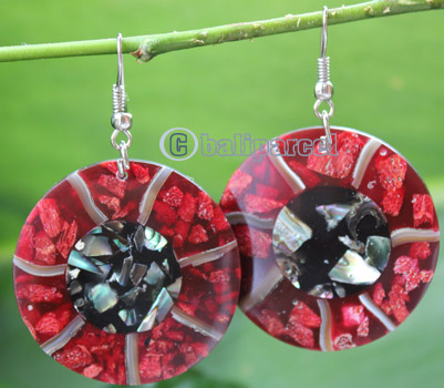 Earring, Made From Resin, Red Coral With Shell