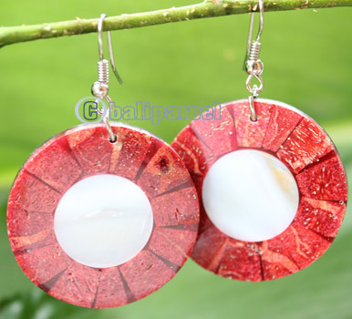 Earring, Made From Resin, Red Coral With Shell