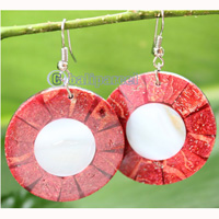 Earring, Made From Resin, Red Coral With Shell