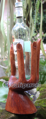 Finger Wine Bottle Holder Carving, Hand Carved From Suar Wood