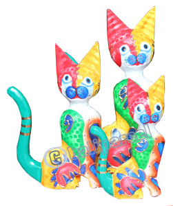 Wooden Cat Set Of 3 With Dot Art Painted, Hand Carved From Albesia Wood