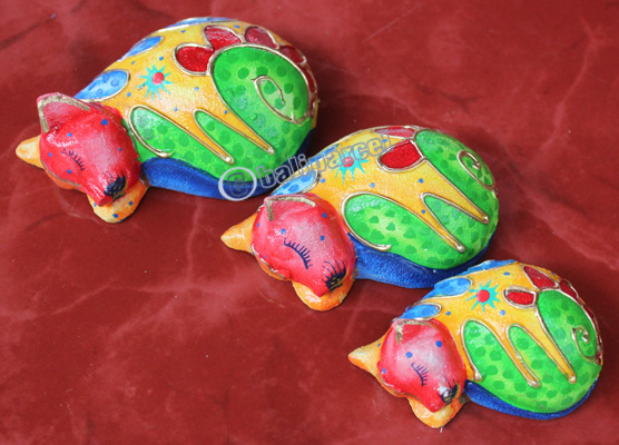 Wooden Cat Set Of 3 With Dot Art Painted, Hand Carved From Albesia Wood