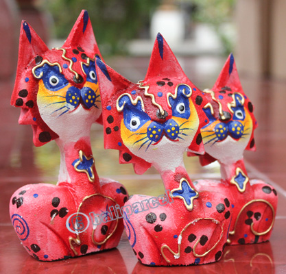 Wooden Cat Set Of 3 With Dot Art Painted, Hand Carved From Albesia Wood