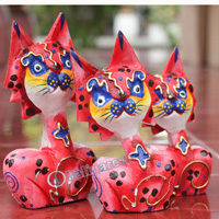 Wooden Cat Set Of 3 With Dot Art Painted, Hand Carved From Albesia Wood
