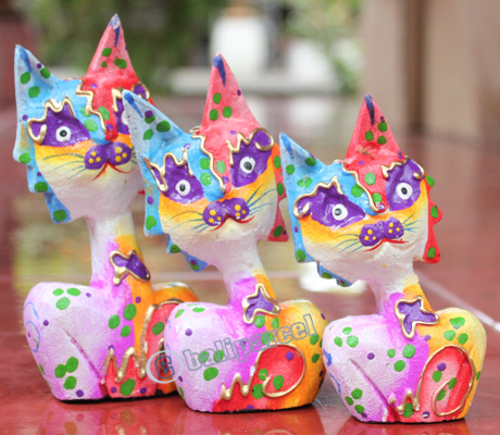Wooden Cat Set Of 3 With Dot Art Painted, Hand Carved From Albesia Wood