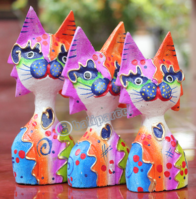 Wooden Cat Set Of 3 With Dot Art Painted, Hand Carved From Albesia Wood
