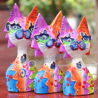 Wooden Cat Set Of 3 With Dot Art Painted, Hand Carved From Albesia Wood