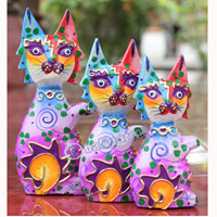 Wooden Cat Set Of 3 With Dot Art Painted, Hand Carved From Albesia Wood