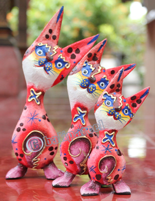Wooden Cat Set Of 3 With Dot Art Painted, Hand Carved From Albesia Wood