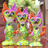 Wooden Cat Set Of 3 With Dot Art Painted, Hand Carved From Albesia Wood