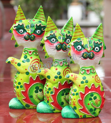 Wooden Cat Set Of 3 With Dot Art Painted, Hand Carved From Albesia Wood