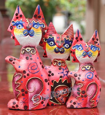 Wooden Cat Set Of 3 With Dot Art Painted, Hand Carved From Albesia Wood