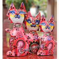 Wooden Cat Set Of 3 With Dot Art Painted, Hand Carved From Albesia Wood