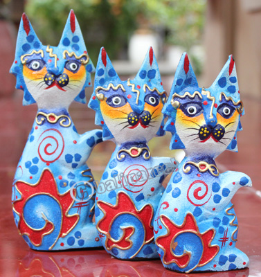 Wooden Cat Set Of 3 With Dot Art Painted, Hand Carved From Albesia Wood
