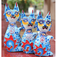 Wooden Cat Set Of 3 With Dot Art Painted, Hand Carved From Albesia Wood