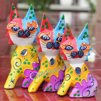 Wooden Cat Set Of 3 With Dot Art Painted, Hand Carved From Albesia Wood
