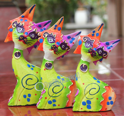 Wooden Cat Set Of 3 With Dot Art Painted, Hand Carved From Albesia Wood
