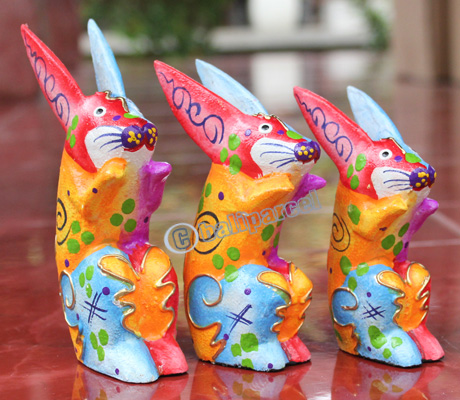 Wooden Rabbit Set Of 3 With Dot Art Painted, Hand Carved From Albesia Wood