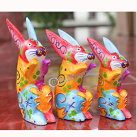 Wooden Rabbit Set Of 3 With Dot Art Painted, Hand Carved From Albesia Wood