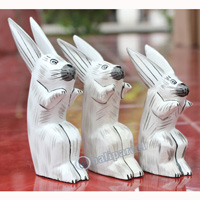 Wooden Rabbit Set Of 3 With Dot Art Painted, Hand Carved From Albesia Wood