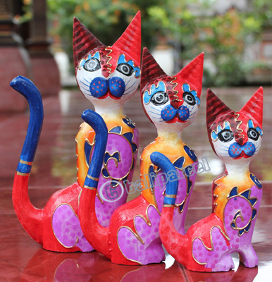 Wooden Cat Set Of 3 With Dot Art Painted, Hand Carved From Albesia Wood