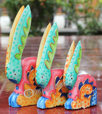 Wooden Rabbit Set Of 3 With Dot Art Painted, Hand Carved From Albesia Wood