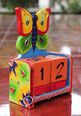 Wooden Calendar With Butterfly, Hadmade From Albesia Wood