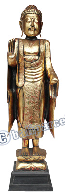 Wooden Buddha Standing With Gold Painted, Handmade From Albesia Wood