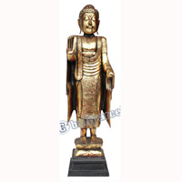 Wooden Buddha Standing With Gold Painted, Handmade From Albesia Wood