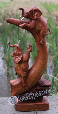 Wooden Elephant On Horn, Hand Carved From Suar Wood