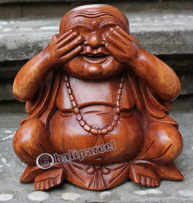 Wooden Buddha Happy, Hand Carved From Suar Wood