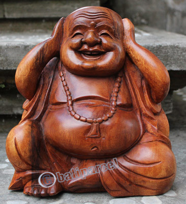 Wooden Buddha Happy, Hand Carved From Suar Wood