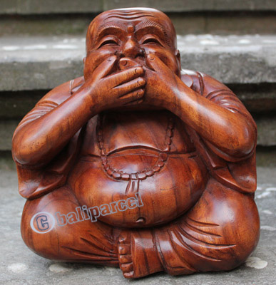 Wooden Buddha Happy, Hand Carved From Suar Wood