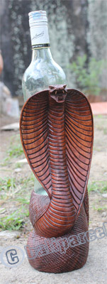 Wooden Cobra Wine Bottle Holder, Hand Carved From Suar Wood