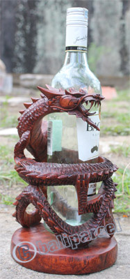 Wooden Dragon Wine Bottle Holder, Hand Carved From Suar Wood