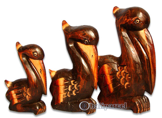 Wooden Pelican Bird Set Of 3, Hand Carved From Albesia Wood